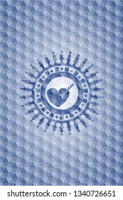 love icon inside blue polygonal badge.