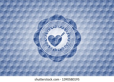 love icon inside blue polygonal badge.