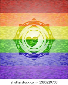 love icon inside emblem on mosaic background with the colors of the LGBT flag