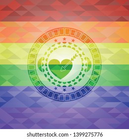 love icon inside emblem on mosaic background with the colors of the LGBT flag