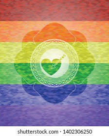 love icon inside emblem on mosaic background with the colors of the LGBT flag