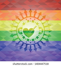 love icon inside emblem on mosaic background with the colors of the LGBT flag