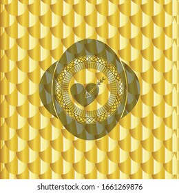 love icon inside gold emblem. Scales pattern. Vector Illustration. Detailed.