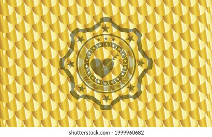 love icon inside golden emblem or badge. Scales pattern. Vector Illustration Detailed. 