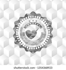 love icon inside grey badge with geometric cube white background