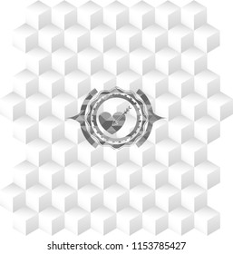 love icon inside grey emblem with geometric cube white background