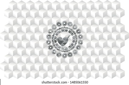 love icon inside grey icon or emblem with geometric cube white background