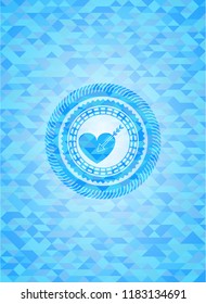 love icon inside light blue emblem with triangle mosaic background