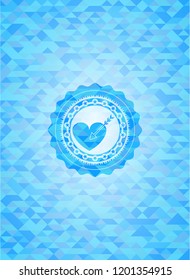 love icon inside light blue emblem with mosaic background