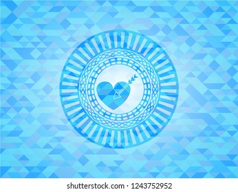 love icon inside light blue emblem with triangle mosaic background