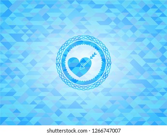 love icon inside light blue emblem with mosaic background