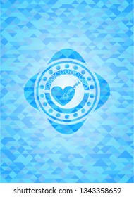 love icon inside light blue emblem. Mosaic background