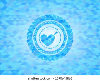 love icon inside light blue emblem with triangle mosaic background