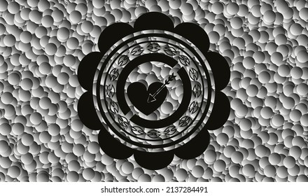 love icon inside realistic black emblem with grey bubbles background. Vector Illustration. Detailed. 