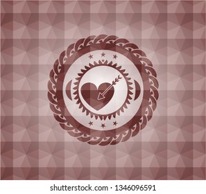 love icon inside red badge with geometric pattern background. Seamless.
