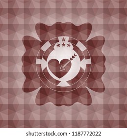 love icon inside red emblem or badge with geometric pattern background. Seamless.