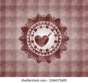 love icon inside red emblem or badge with abstract geometric pattern background. Seamless.