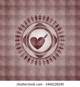love icon inside red seamless badge with geometric pattern background.