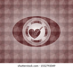 love icon inside red seamless emblem with geometric pattern background.