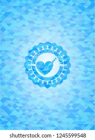 love icon inside sky blue emblem with mosaic background