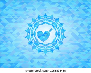 love icon inside sky blue emblem with mosaic background
