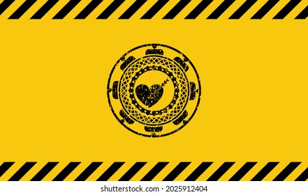 love icon inside warning sign, black grunge emblem. Vector Illustration. Detailed. 