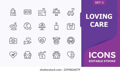 Love icon pack. Featuring romantic, heart, care, loving care, art, simple and more. Simple line vector. Collection of simple line web icons. Minimalistic icon.