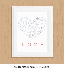 love icon photo frame on wood,love icon set on wood