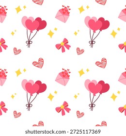 Ícone de amor padrão contínuo com balões de coração, presentes e elementos decorativos