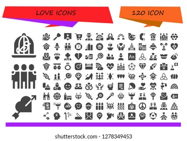  love icon set. 120 filled love icons. Simple modern icons about  - Dove, Heart, Friends, Pray, Lollipop, Followers, Solidarity, Magician, Rainbow, Ring, Jesus, Church, Bird house