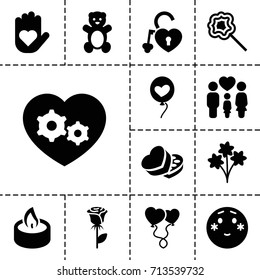 Love icon. set of 13 filled love icons such as teddy bear, shy emoji, rose, lollipop, family, gear heart, heart baloons, sweet box, candle