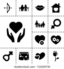 Love icon. set of 13 filled love icons such as female, gear heart, minus favorite, home with heart, love, rose, bow, family