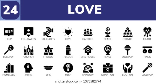 love icon set. 24 filled love icons.  Simple modern icons about  - Help, Followers, Solidarity, Love, Candles, Peace, Friends, Heart, Lollipop, Church, Feeder, Bird house, Rings