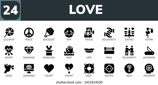 love icon set. 24 filled love icons.  Collection Of - Lollipop, Peace, Bouquet, Shy, Solidarity, Dating, Stork, Heart, Diamond, Magician, Help, Lips, Ring, Jackknife, Dove, Dohyo
