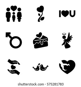 Love icon. Set of 9 Love filled icons such as hands holding heart, family, broken heart, lovebirds, woman, angel, cake slice, I love you