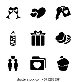 Love icon. Set of 9 Love filled icons such as women couple, folder with heart, heart, candle, clink glasses, present, muffin, sweet box