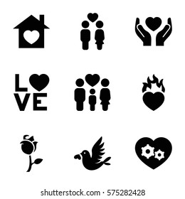 Love icon. Set of 9 Love filled icons such as hands holding heart, family, couple, gear heart, home with heart, love word, love bird, rose