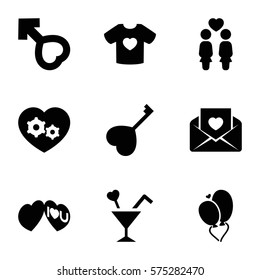 Love icon. Set of 9 Love filled icons such as t-shirt with heart, women couple, gear heart, love letter, heart baloons, heart key, I love you, male