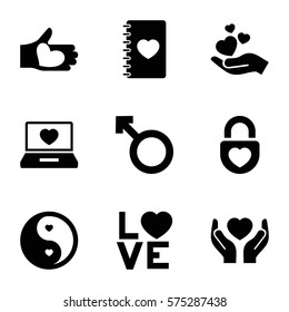 Love icon. Set of 9 Love filled icons such as hand holding heart, notebook, laptop with heart, love word, woman, lock, yin yang