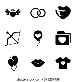 Love icon. Set of 9 Love filled icons such as t-shirt, folder, heart angel wings, love, broken heart, baloons, bow