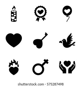 Love icon. Set of 9 Love filled icons such as hands holding heart, ribbon, heart baloons, male, love bird, key, candle