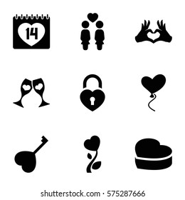 Love icon. Set of 9 Love filled icons such as women couple, 14 date, baloons, key, heart cake, clink glasses, lock, tag