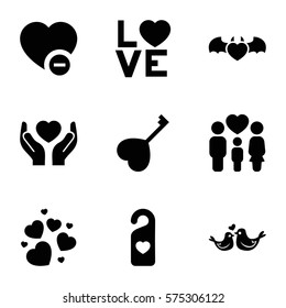 Love icon. Set of 9 Love filled icons such as hands holding heart, family, minus favorite, devil heart with wings, love word, heart, lovebirds, heart key