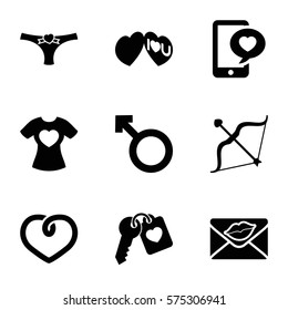 Love icon. Set of 9 Love filled icons such as t-shirt with heart, heart, phone with heart, love letter, woman, I love you, bow, heart key