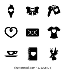 Love icon. Set of 9 Love filled icons such as t-shirt with heart, love letter, notebook with heart, heart, angel, bow, ice cream, cup with heart