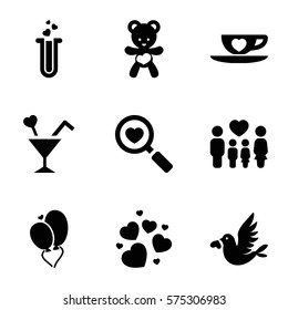 Love icon. Set of 9 Love filled icons such as family, heart search, balloons, love bird, bear teddy, cup with heart, test tube