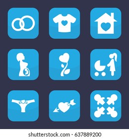 Love icon. set of 9 filled love icons such as t-shirt with heart, home with heart, pregnant woman, engagement ring