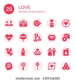 love icon set. Collection of 20 filled love icons included Friends, Veterinarian, Expresso, Charity, Love, Heartbeat, Bouquet, Favorite, Dove, Feeder, Bride, Birthday card, Peace