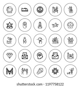 Love icon set. collection of 25 outline love icons with baby shoes, baby, birthday card, birthday party, bridesmaids, charity, cardiogram, cup cake icons. editable icons.