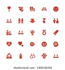 love icon set. Collection of 25 filled love icons included Friends, Veterinary, Rings, Feeder, Broken heart, Peace, Happy, Expresso, Love, Condom, Life, Flower bouquet, Candles